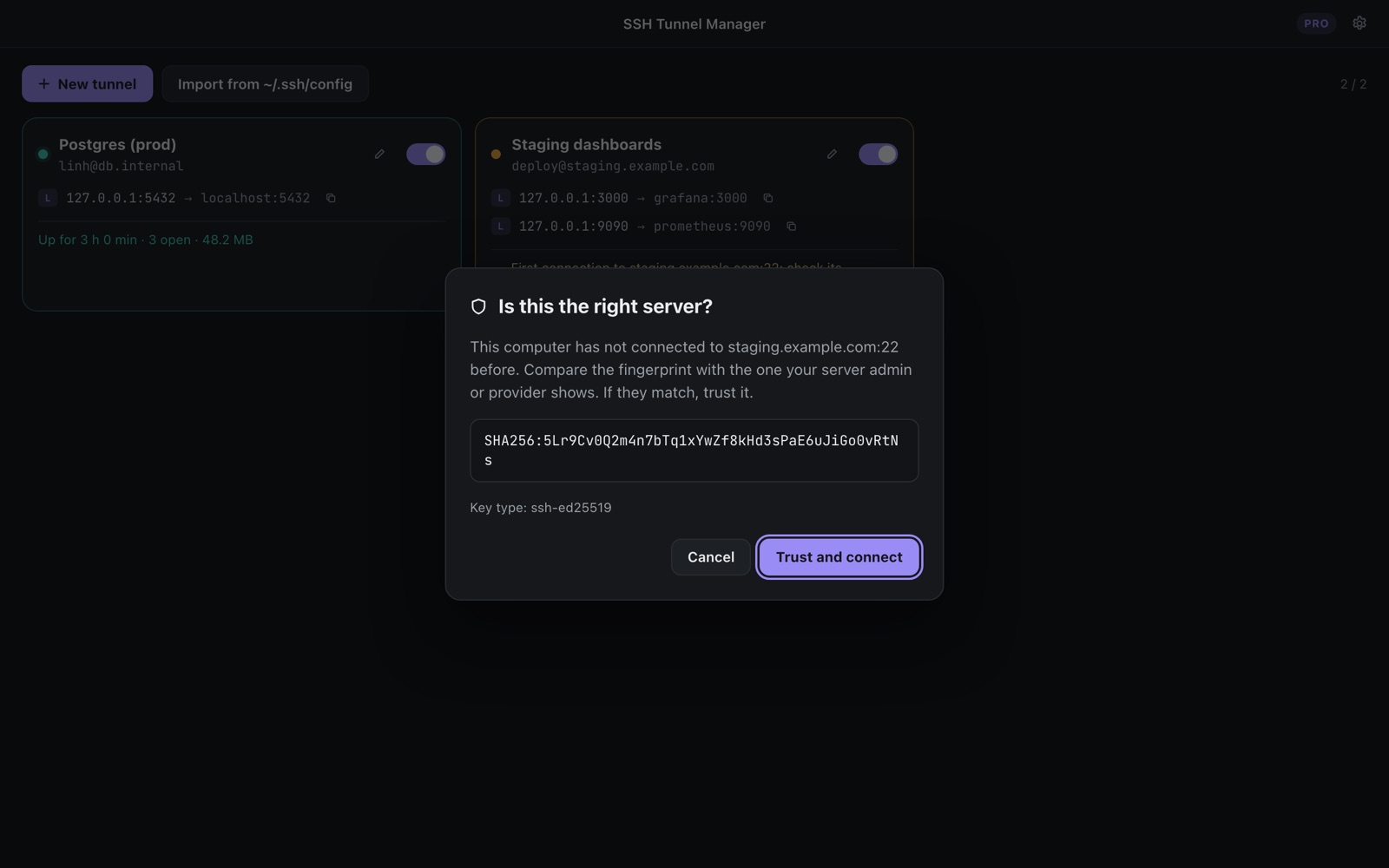 A first connection asks you to check the server's fingerprint